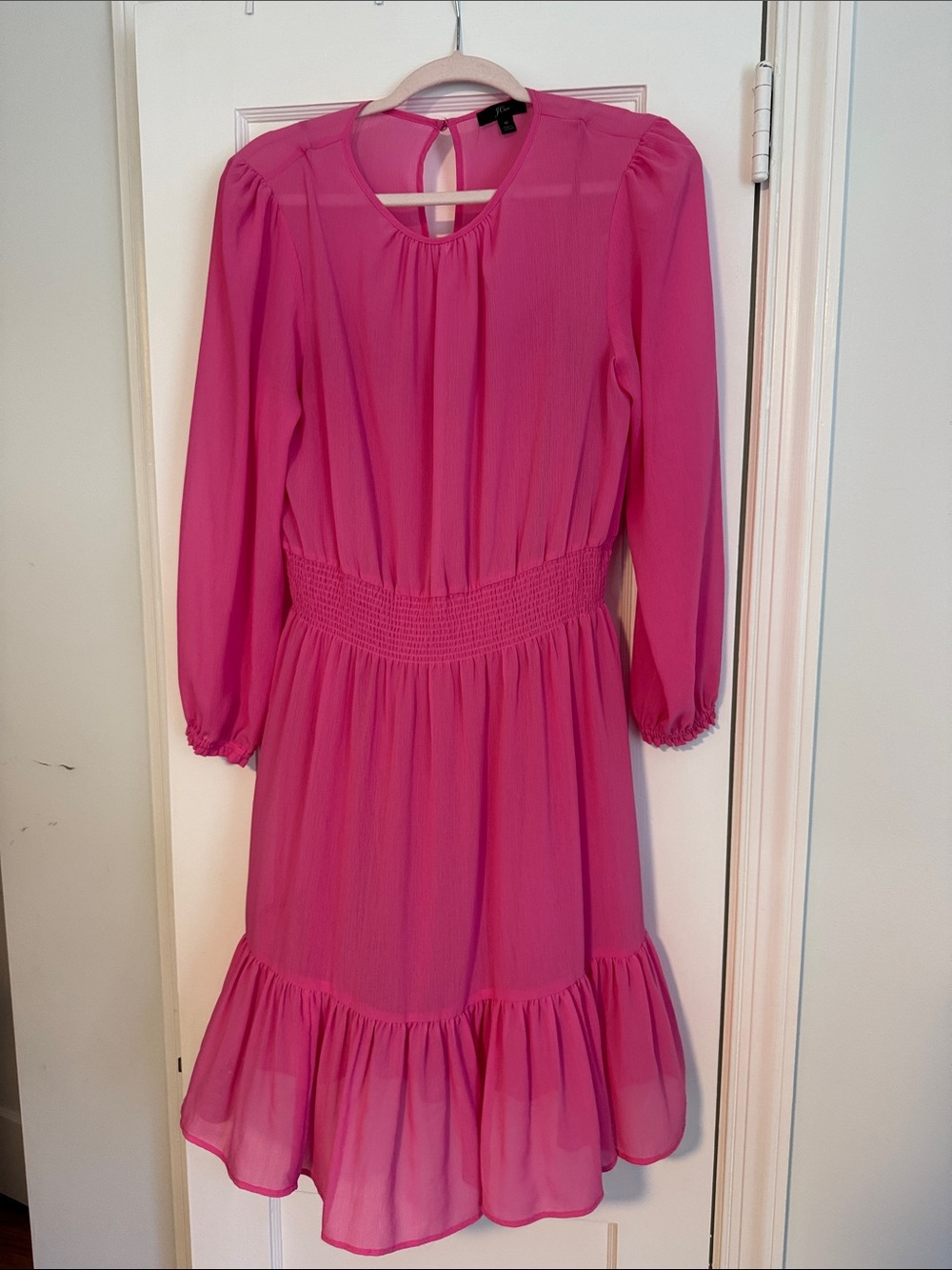 J. Crew Hot Pink Long-Sleeve Smocked-Waist Dress
